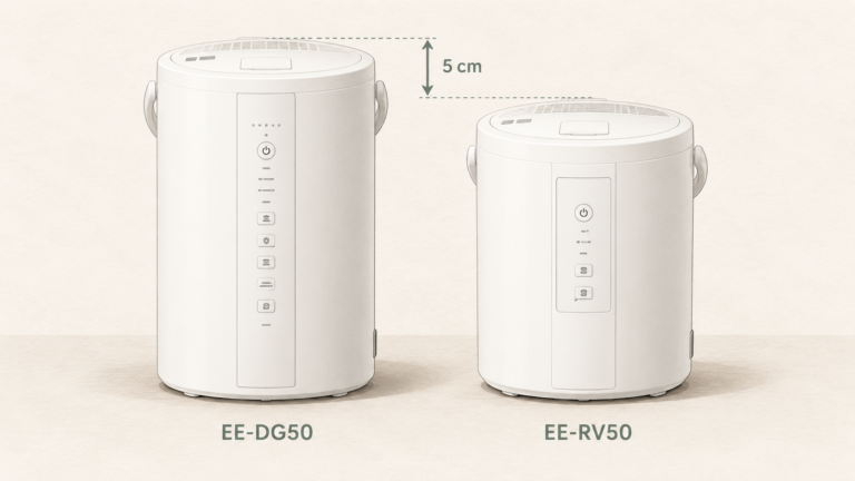 象印の加湿器EE-DG50とEE-RV50の本体外観と5cmの高さ差を比較したイラスト