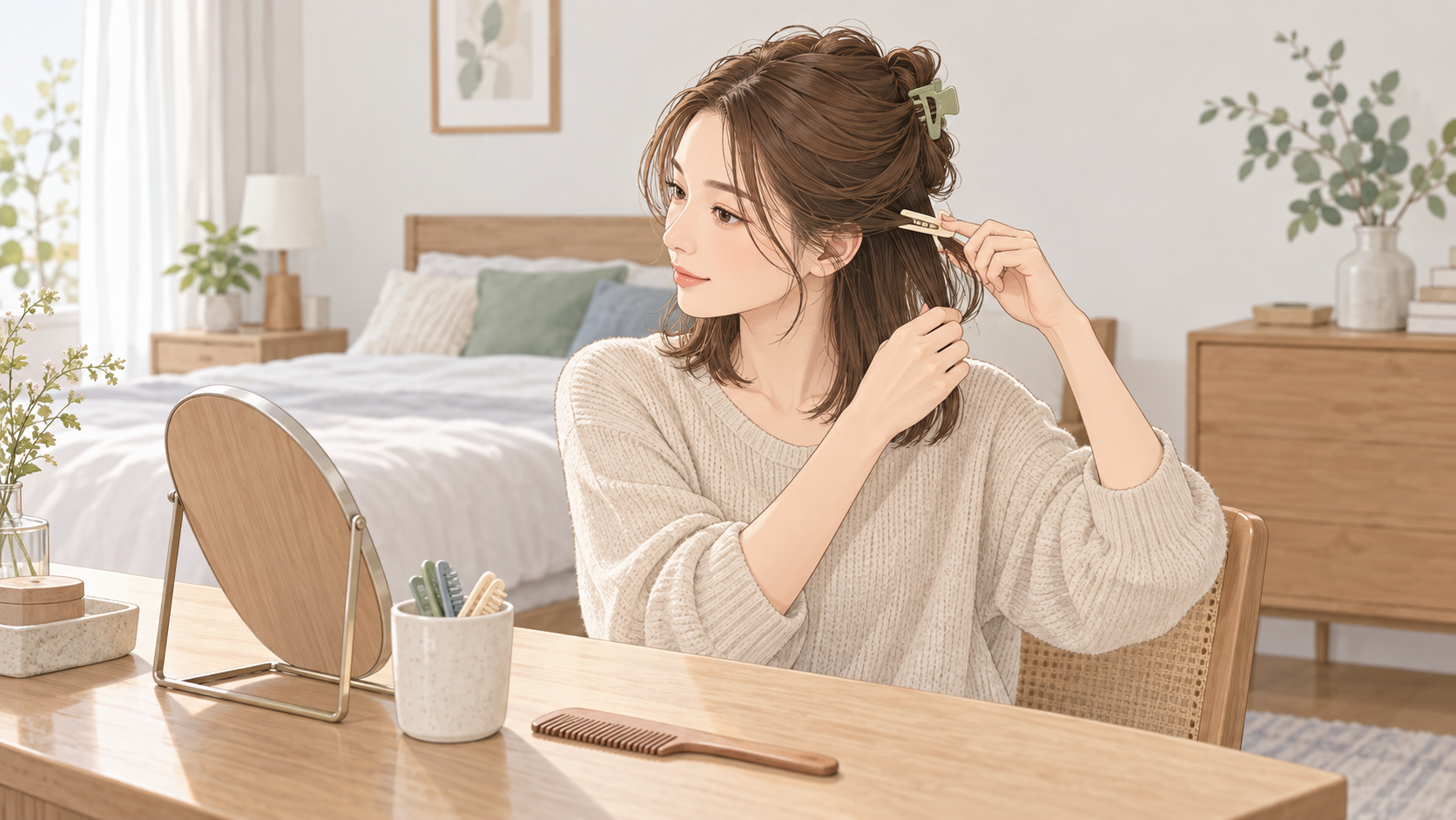 乾いた室内で髪をヘアクリップでブロッキングする成人の様子