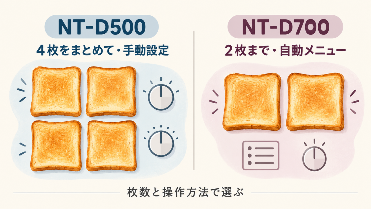 角食パン4枚焼きの手動ダイヤル操作と、2枚焼きの自動メニュー操作の違いを表す概念図