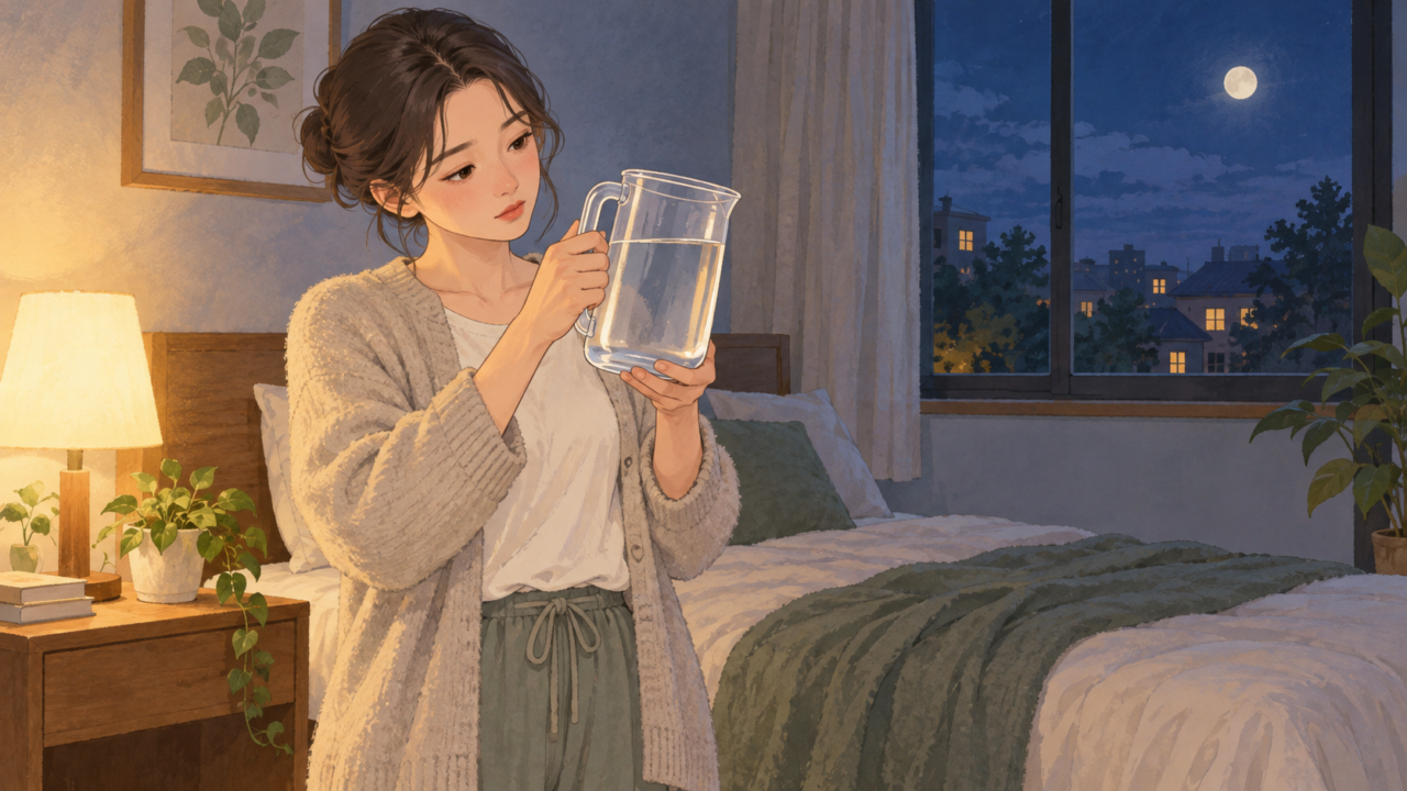 夜の落ち着いた寝室で、小さな水差しを手にして給水の負担を考える様子