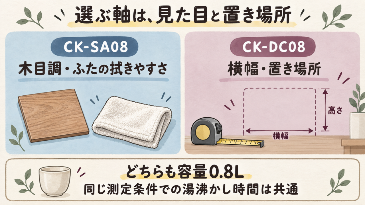 象印の電気ケトルCK-SA08とCK-DC08の選び方をまとめたイラスト。デザインやふたの形状、設置寸法と共通の基本性能を比較