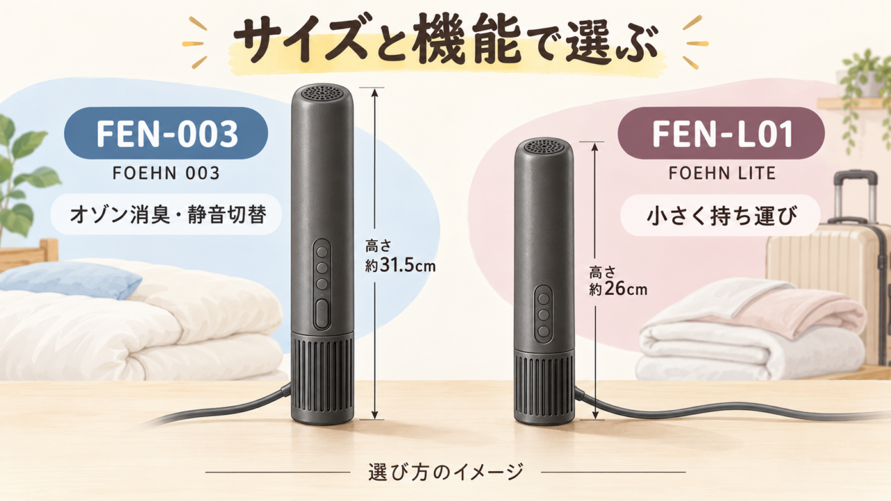 カドーのスティック型布団乾燥機FEN-003とFEN-L01のサイズ比率と主な特徴を比較した選び方イメージイラスト