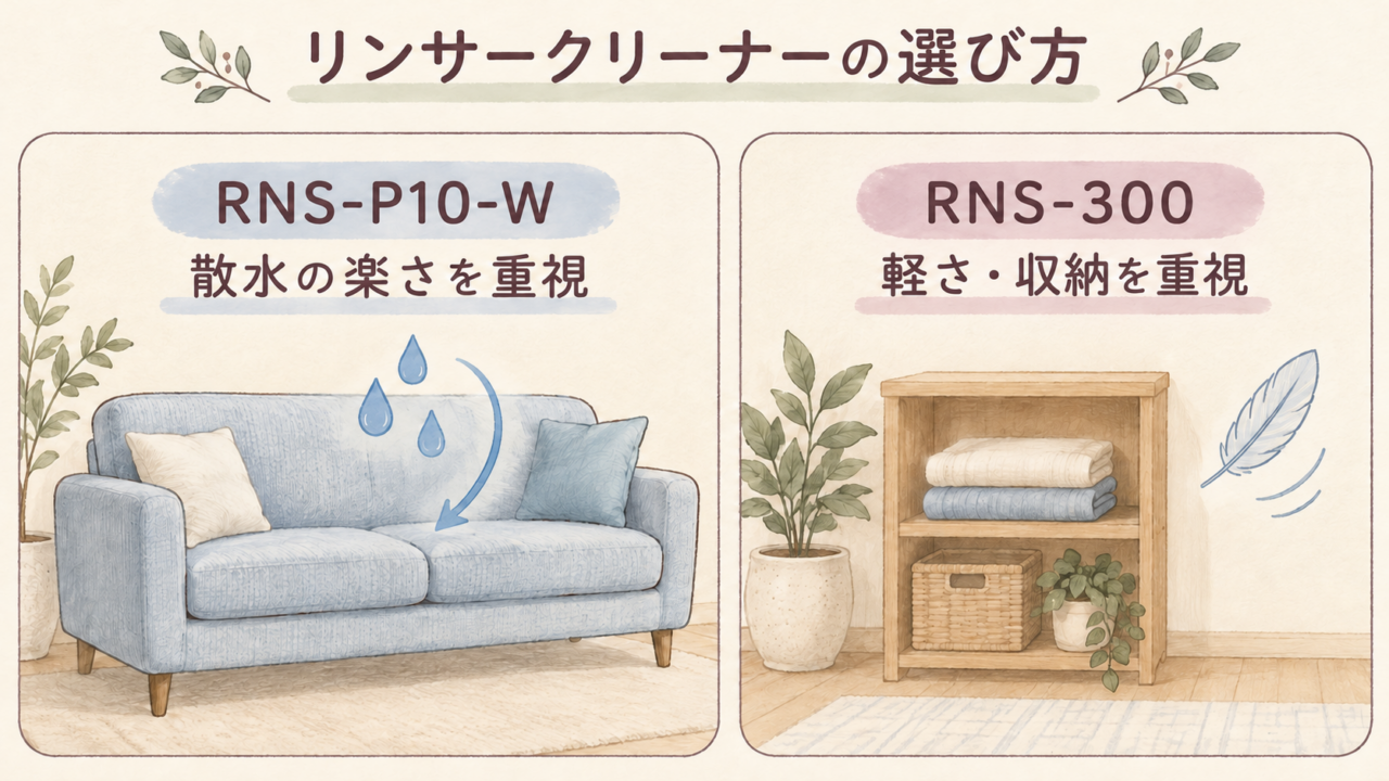 布製品の連続散水と、省スペース収納・軽さの選び分けを表す概念イラスト