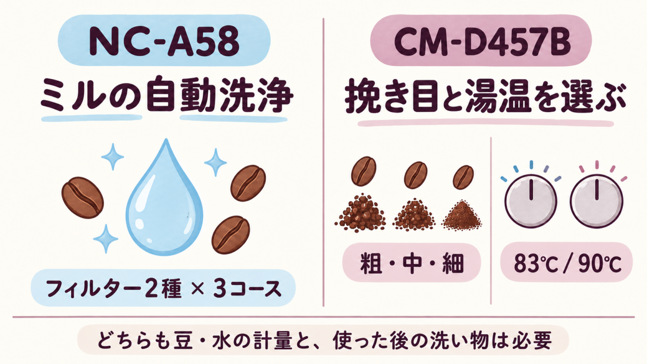 NC-A58のミル自動洗浄とCM-D457Bの挽き目・抽出湯温設定の違いを対比した概念図