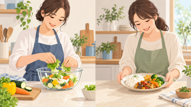 野菜をボウルに入れる準備と、ごはん・おかずを温め直す準備のイメージ