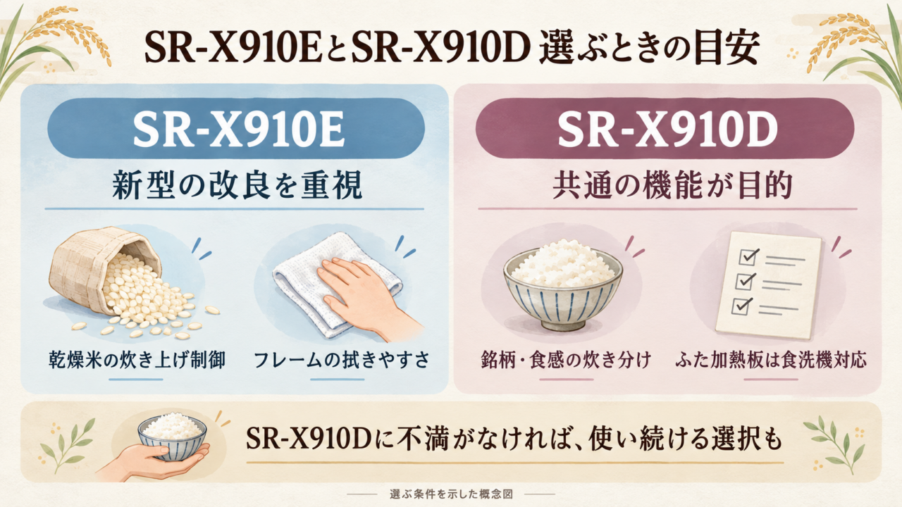SR-X910EとSR-X910Dの選ぶ条件を整理したイラスト