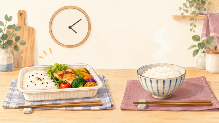 お弁当の手動あたための時短イメージと普段のごはんのあたためイメージを対比した概念イラスト