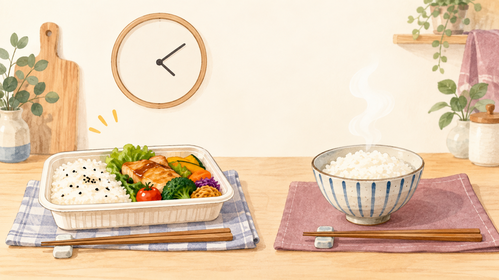 お弁当の手動あたための時短イメージと普段のごはんのあたためイメージを対比した概念イラスト