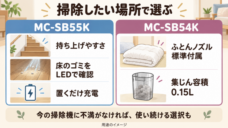 MC-SB55KとMC-SB54Kの用途別選び方の比較図