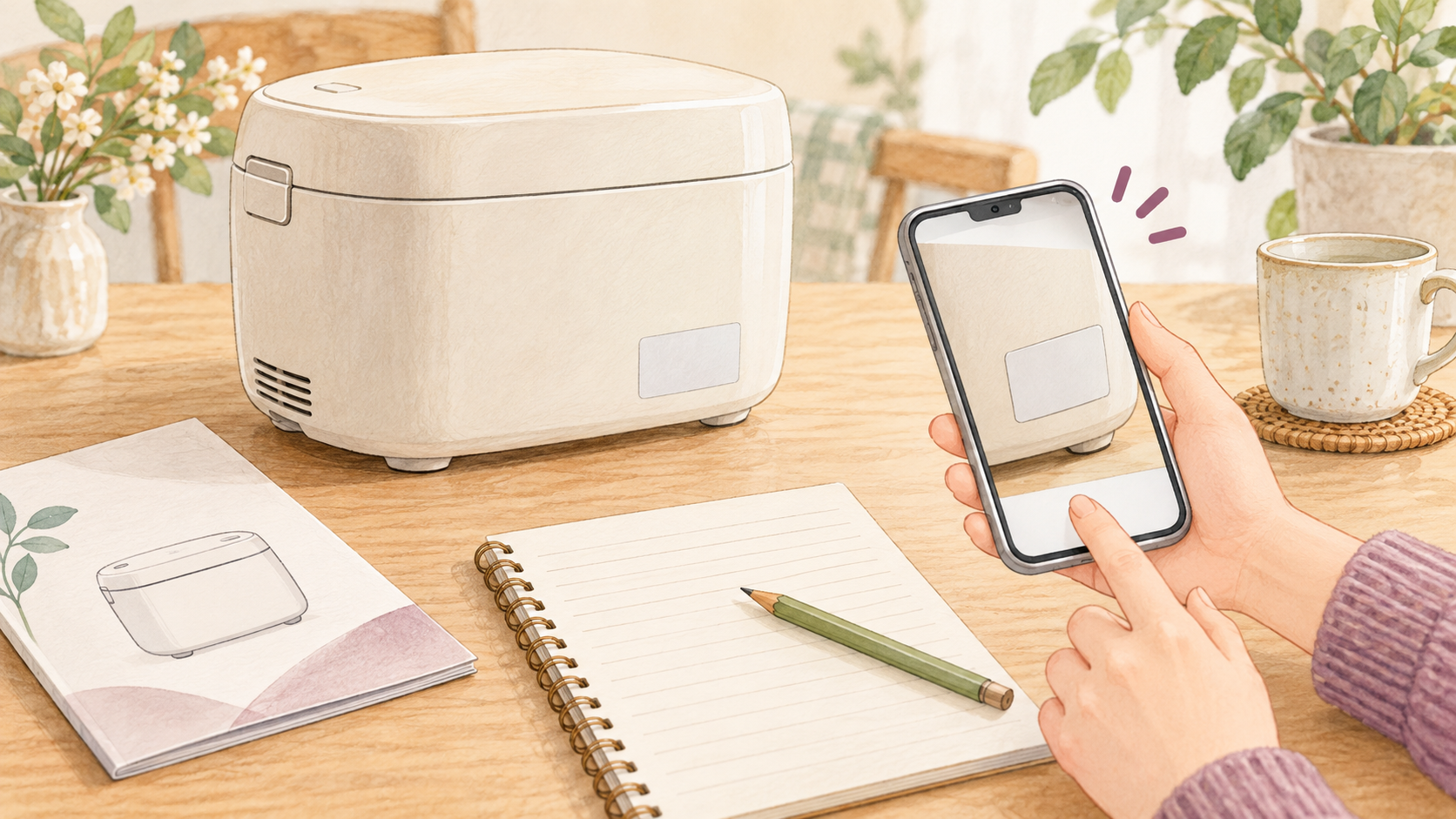 家電のラベルや取扱説明書から型番を確認してスマートフォンやメモ帳に控える様子のイラスト