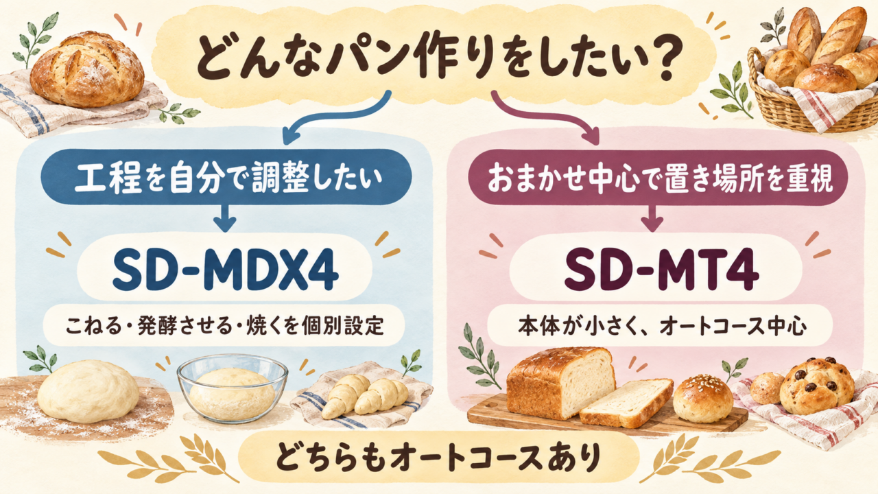 パナソニックのホームベーカリーSD-MDX4とSD-MT4の選び方チャート