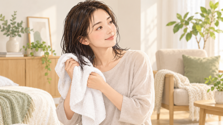乾かす前にタオルで髪の水分をふき取る様子