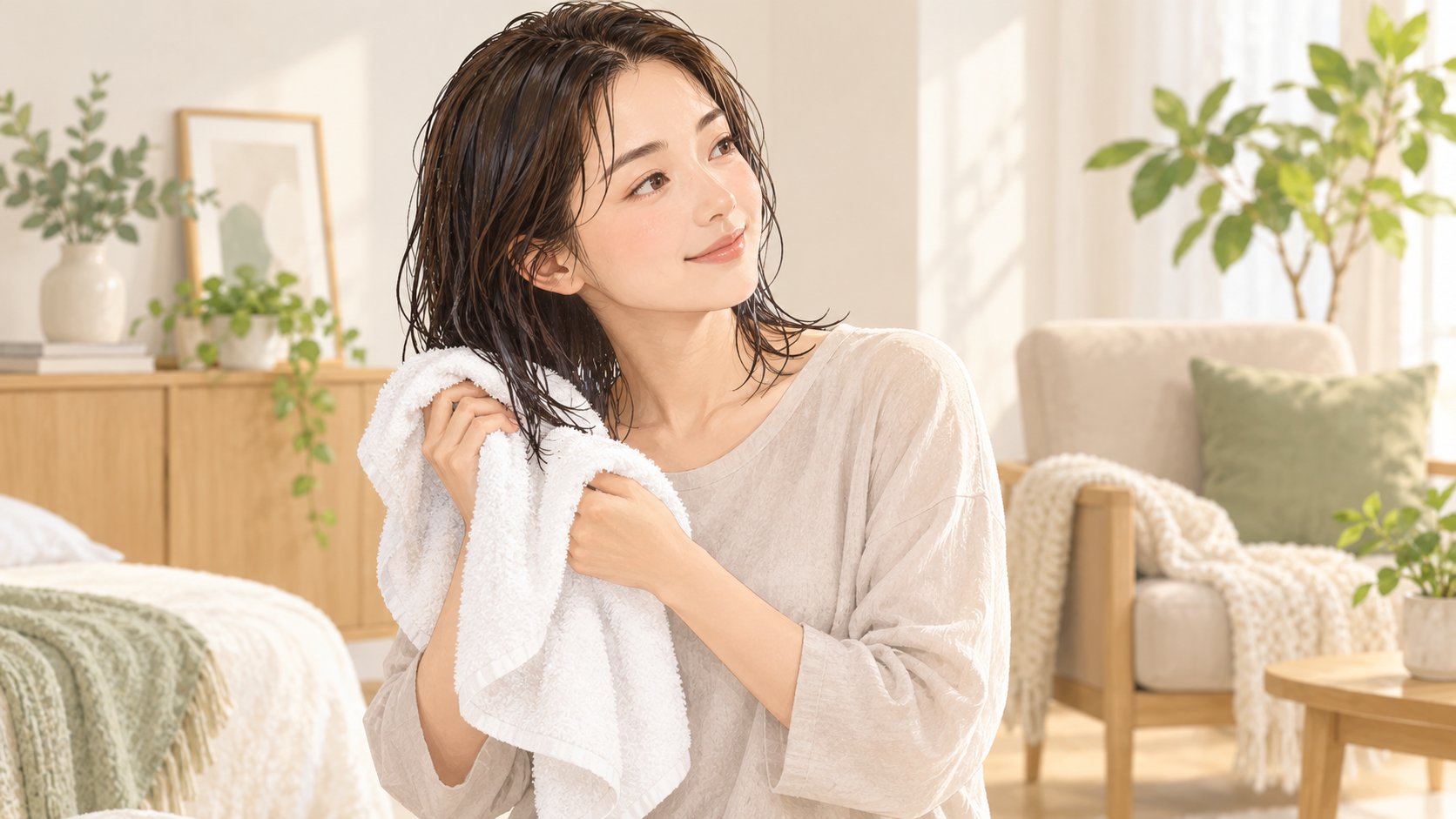 乾かす前にタオルで髪の水分をふき取る様子