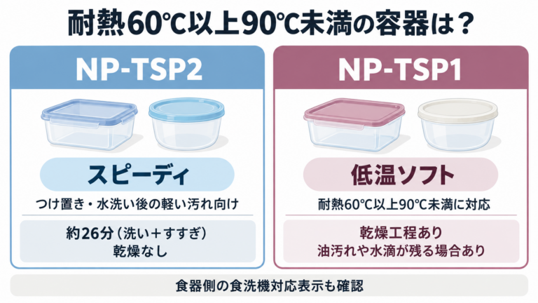 耐熱温度と汚れの条件に応じたNP-TSP2とNP-TSP1のコース選択ガイド