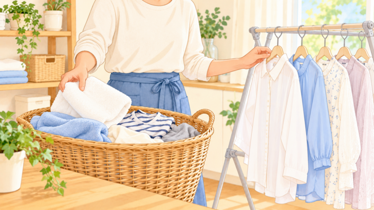 乾燥機に入れる衣類と部屋干しにする衣類を仕分けしているイラスト